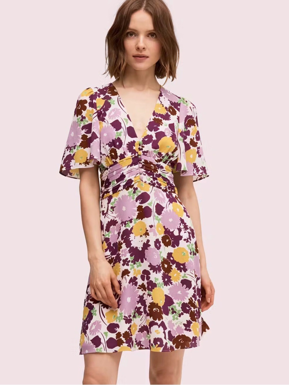 kate spade Lavender, Yellow & Burgundy Floral V-Neck Mini Dress
